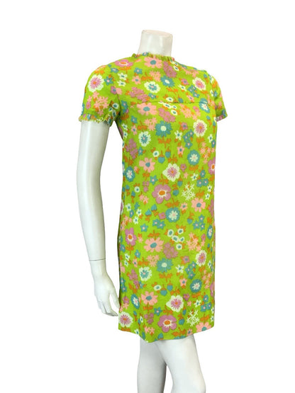 VTG 60S GREEN PINK PURPLE BLUE ORANGE FLORAL MOD FLORAL RUFFLE SHIFT DRESS XS 6