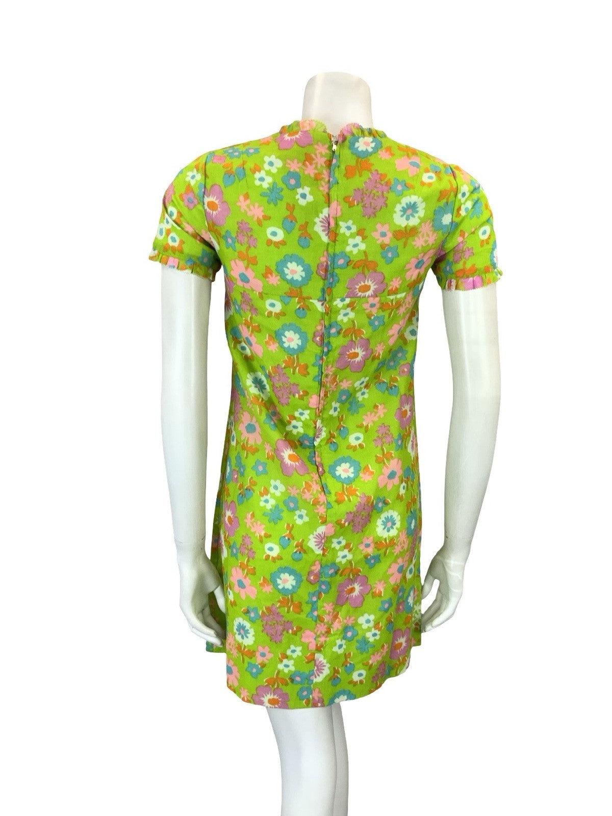 VTG 60S GREEN PINK PURPLE BLUE ORANGE FLORAL MOD FLORAL RUFFLE SHIFT DRESS XS 6