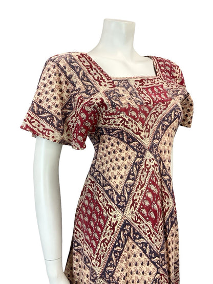 VTG 60S 70S CREAM BLUE RED BIRD FLORAL BOHO COTTON EMPIRE SMOCK FLARE DRESS 6