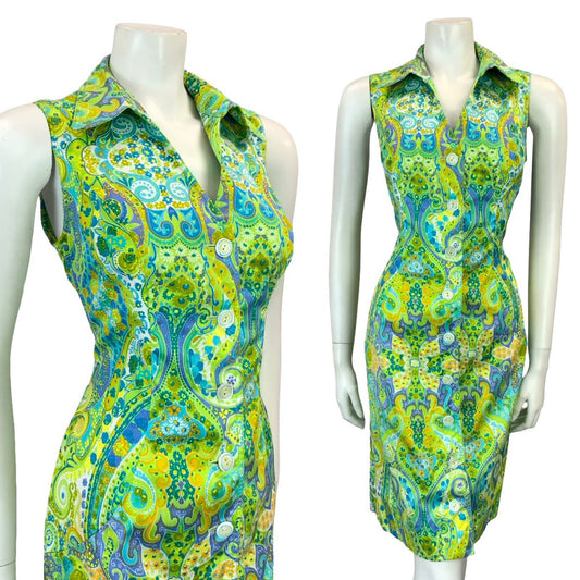 VTG 60S 70S GREEN BLUE WHITE PURPLE PSYCHEDELIC PAISLEY SHIRT DRESS 10