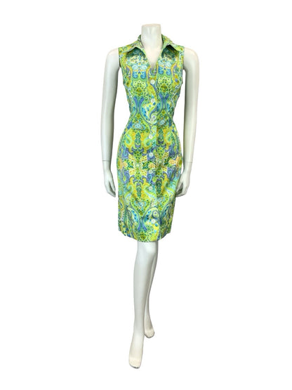 VTG 60S 70S GREEN BLUE WHITE PURPLE PSYCHEDELIC PAISLEY SHIRT DRESS 10