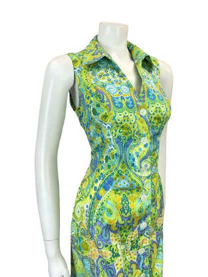 VTG 60S 70S GREEN BLUE WHITE PURPLE PSYCHEDELIC PAISLEY SHIRT DRESS 10