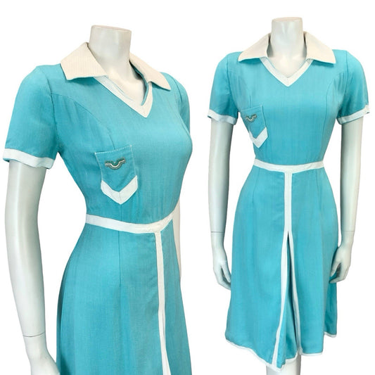 VTG 60S 70S MISS FERAUD COLOUR BLOCK BLUE WHITE SPORTY PLEAT SHIRT DRESS 8 6