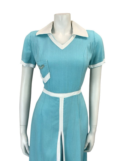 VTG 60S 70S MISS FERAUD COLOUR BLOCK BLUE WHITE SPORTY PLEAT SHIRT DRESS 8 6