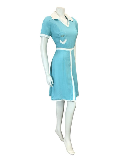 VTG 60S 70S MISS FERAUD COLOUR BLOCK BLUE WHITE SPORTY PLEAT SHIRT DRESS 8 6