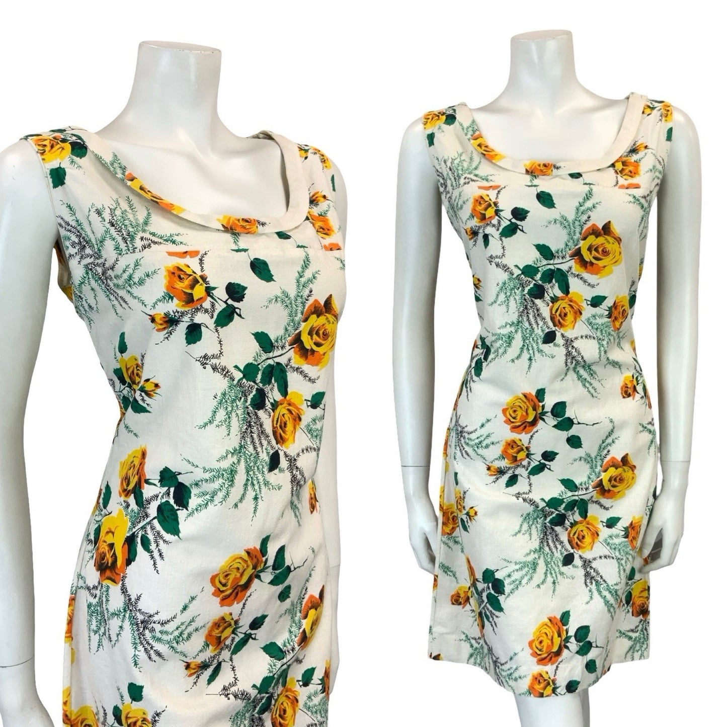 VTG 60S 70S WHITE YELLOW GREEN MOD ROSE FLORAL SHIFT SCOOP NECK DRESS 10