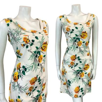VTG 60S 70S WHITE YELLOW GREEN MOD ROSE FLORAL SHIFT SCOOP NECK DRESS 10