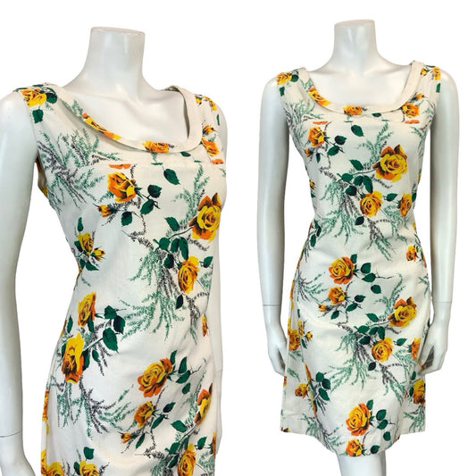 VTG 60S 70S WHITE YELLOW GREEN MOD ROSE FLORAL SHIFT SCOOP NECK DRESS 10