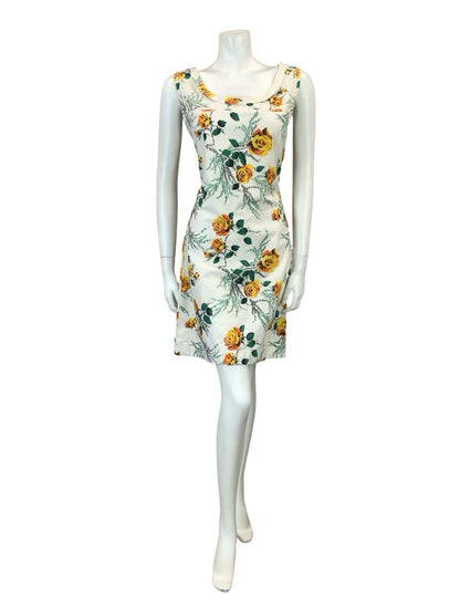 VTG 60S 70S WHITE YELLOW GREEN MOD ROSE FLORAL SHIFT SCOOP NECK DRESS 10