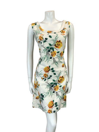 VTG 60S 70S WHITE YELLOW GREEN MOD ROSE FLORAL SHIFT SCOOP NECK DRESS 10