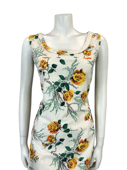 VTG 60S 70S WHITE YELLOW GREEN MOD ROSE FLORAL SHIFT SCOOP NECK DRESS 10