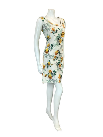 VTG 60S 70S WHITE YELLOW GREEN MOD ROSE FLORAL SHIFT SCOOP NECK DRESS 10