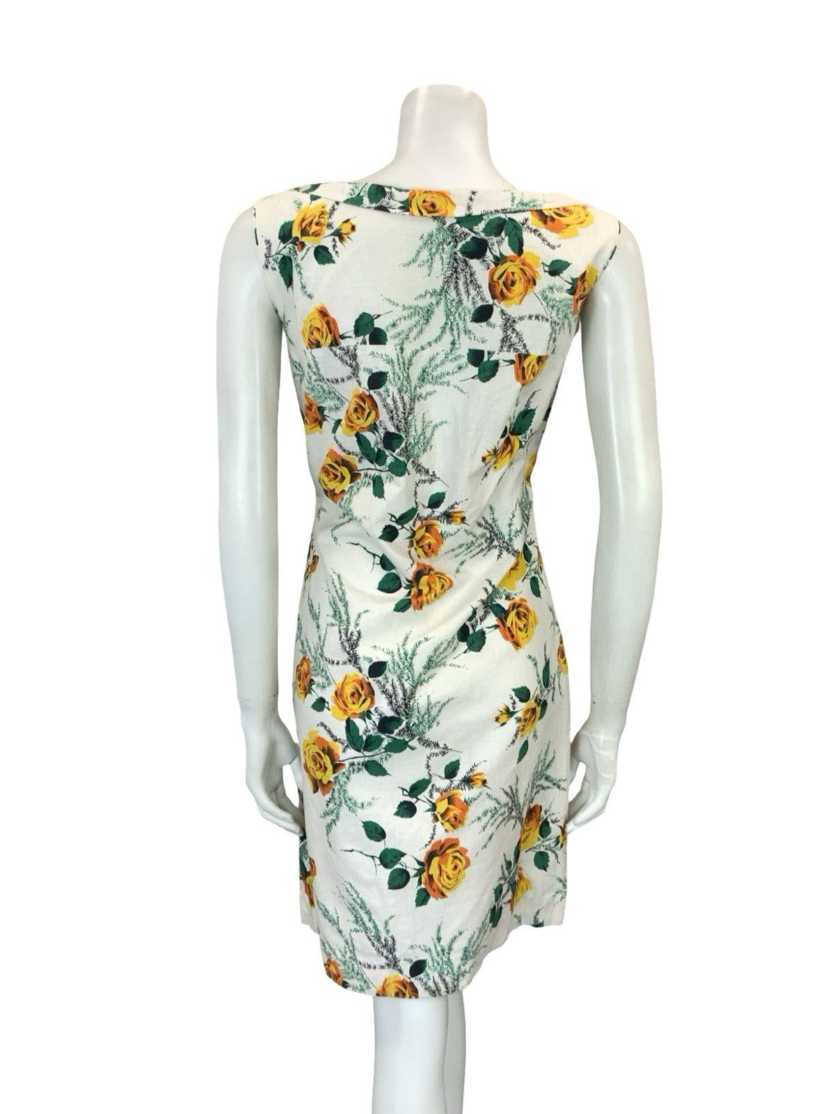 VTG 60S 70S WHITE YELLOW GREEN MOD ROSE FLORAL SHIFT SCOOP NECK DRESS 10