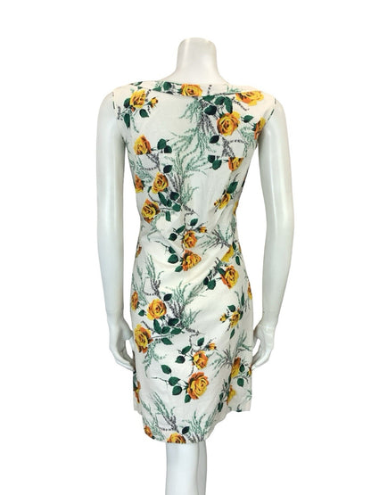 VTG 60S 70S WHITE YELLOW GREEN MOD ROSE FLORAL SHIFT SCOOP NECK DRESS 10