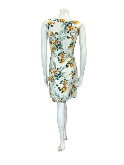 VTG 60S 70S WHITE YELLOW GREEN MOD ROSE FLORAL SHIFT SCOOP NECK DRESS 10