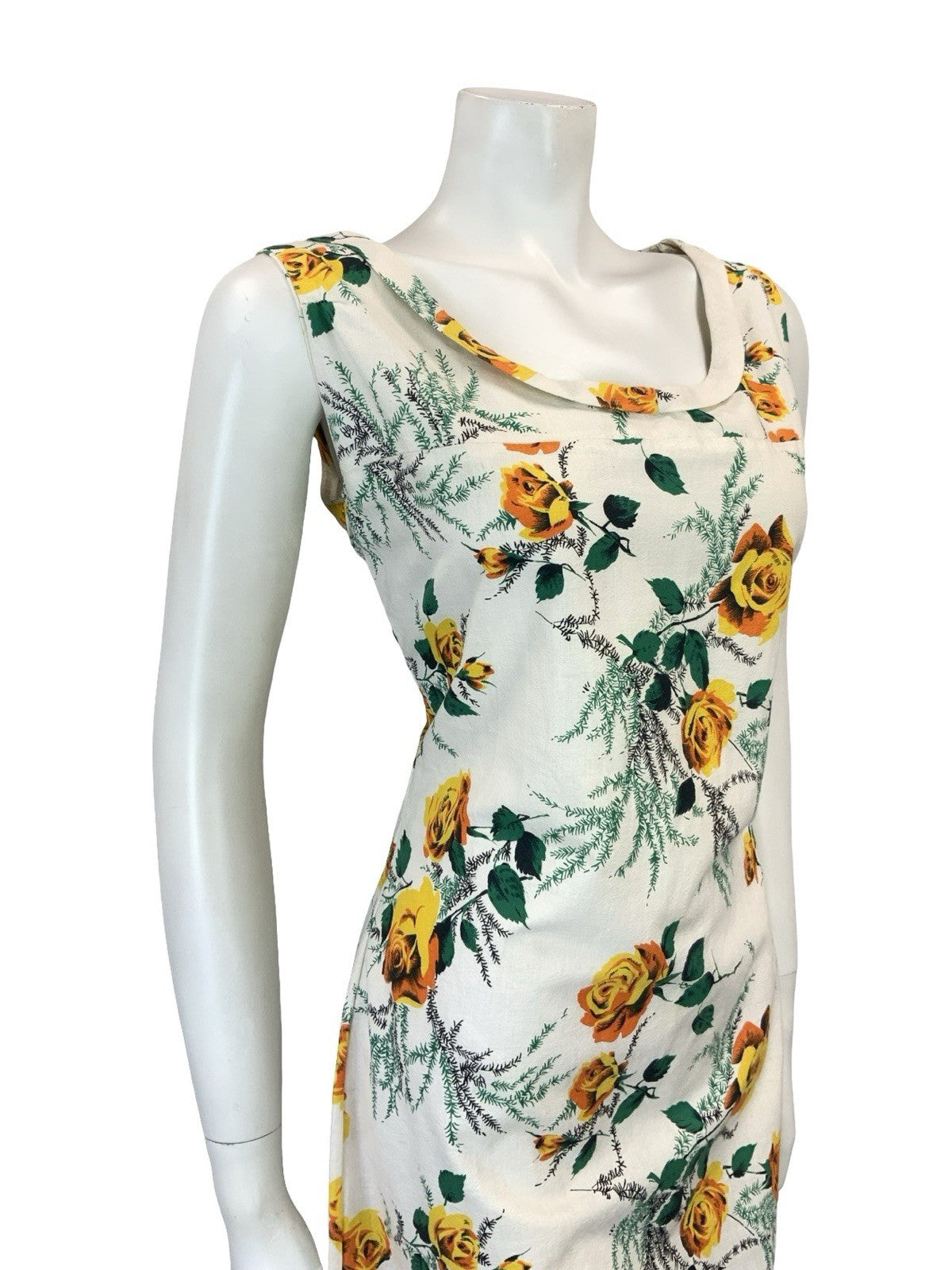 VTG 60S 70S WHITE YELLOW GREEN MOD ROSE FLORAL SHIFT SCOOP NECK DRESS 10