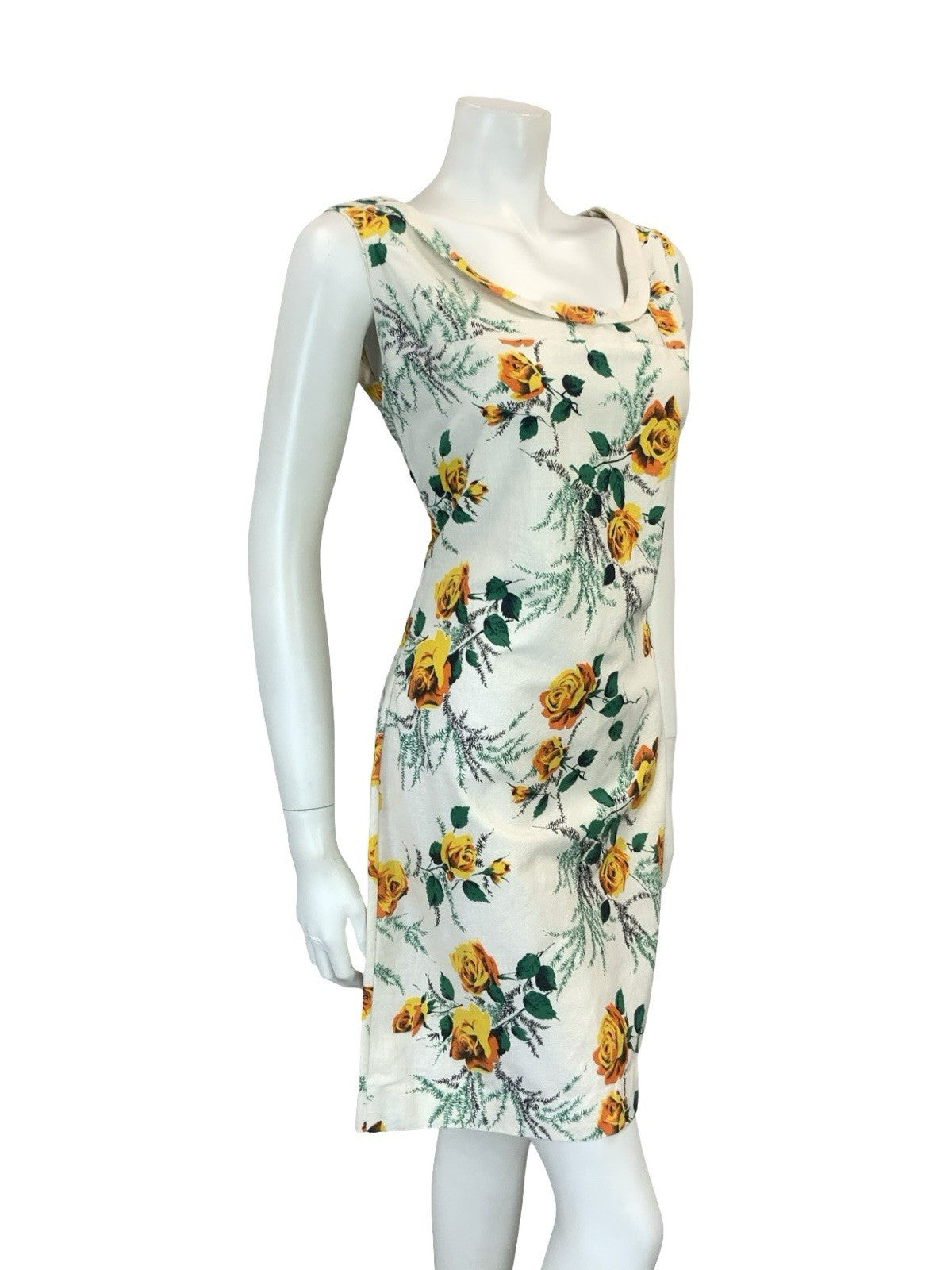 VTG 60S 70S WHITE YELLOW GREEN MOD ROSE FLORAL SHIFT SCOOP NECK DRESS 10