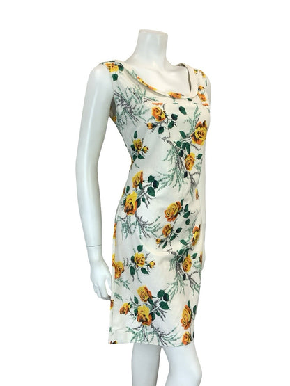 VTG 60S 70S WHITE YELLOW GREEN MOD ROSE FLORAL SHIFT SCOOP NECK DRESS 10