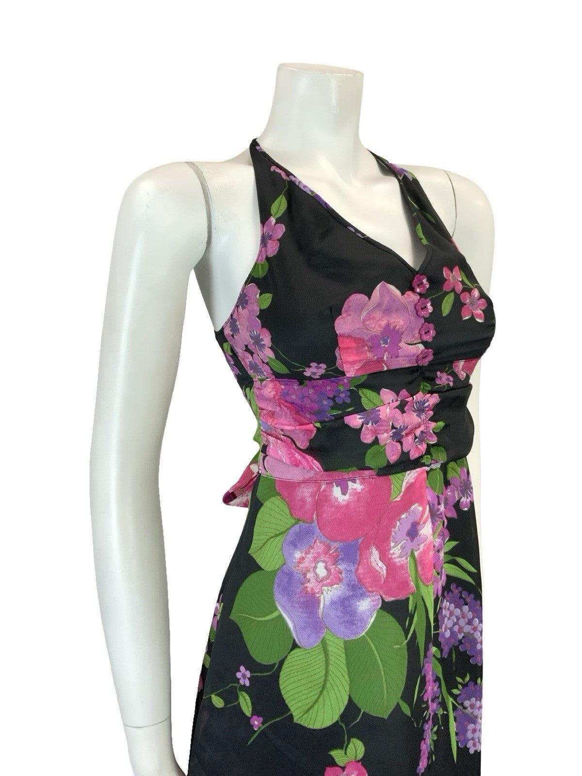VTG 60S 70S BLACK PINK PURPLE GREEN HALTER NECK RUCHED TIE WAIST MINI DRESS 4
