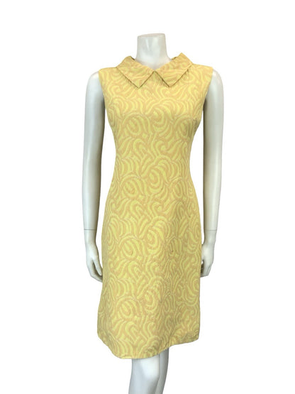 VTG 60S MOD YELLOW PEACH ORANGE PSYCHEDELIC EVENING SHIRT MIDI DRESS 10 12