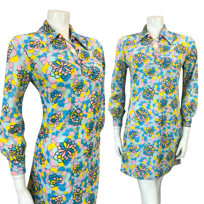 VTG 60S 70S BLUE PINK YELLOW PSYCHEDELIC FLORAL SCALES LACE UP SHIRT DRESS 10
