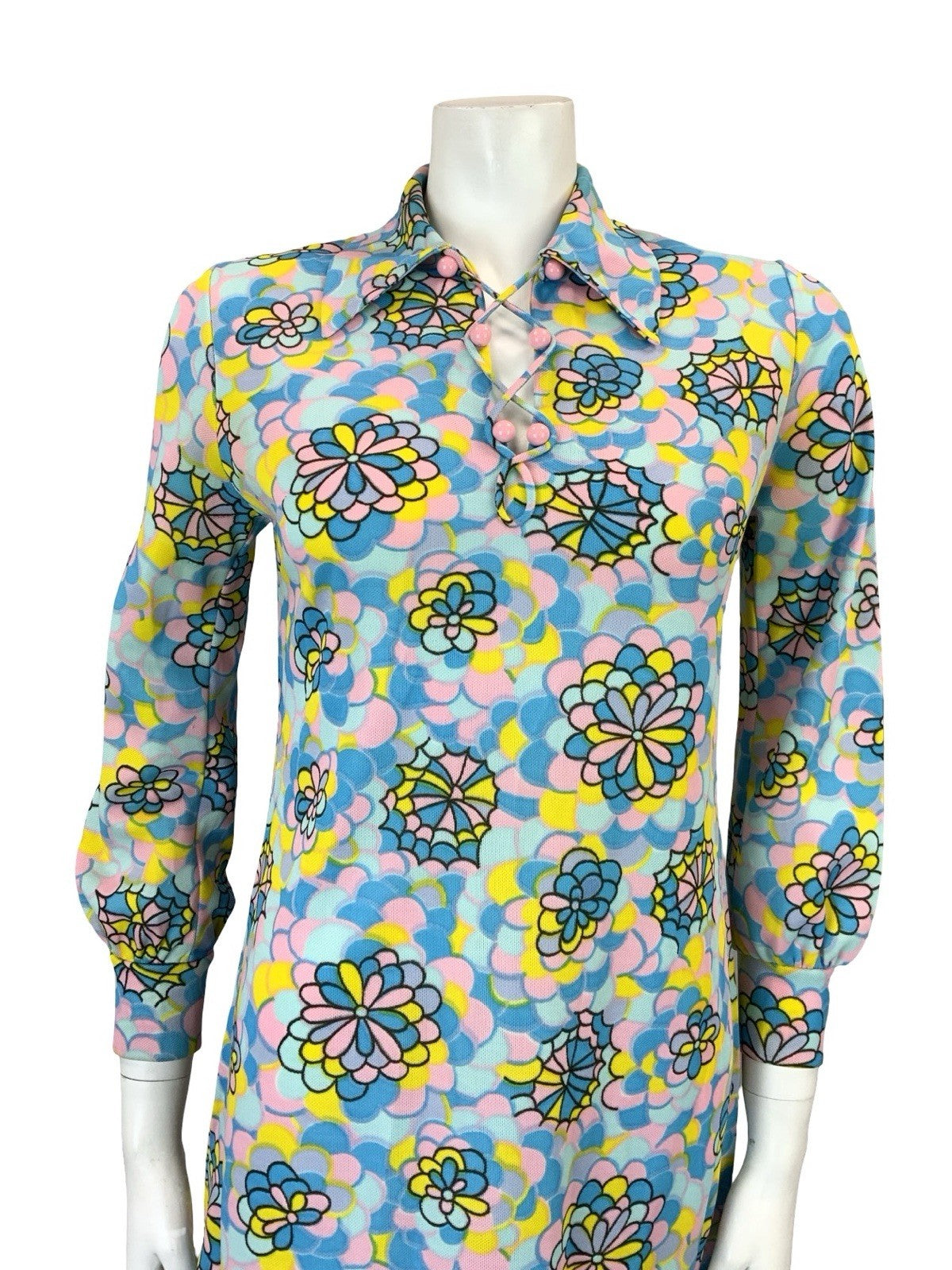 VTG 60S 70S BLUE PINK YELLOW PSYCHEDELIC FLORAL SCALES LACE UP SHIRT DRESS 10