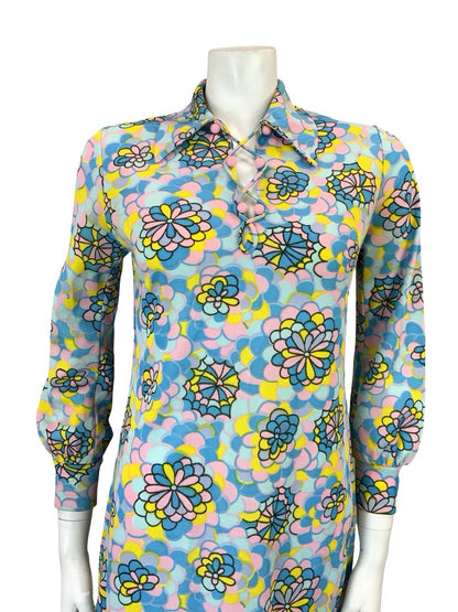 VTG 60S 70S BLUE PINK YELLOW PSYCHEDELIC FLORAL SCALES LACE UP SHIRT DRESS 10