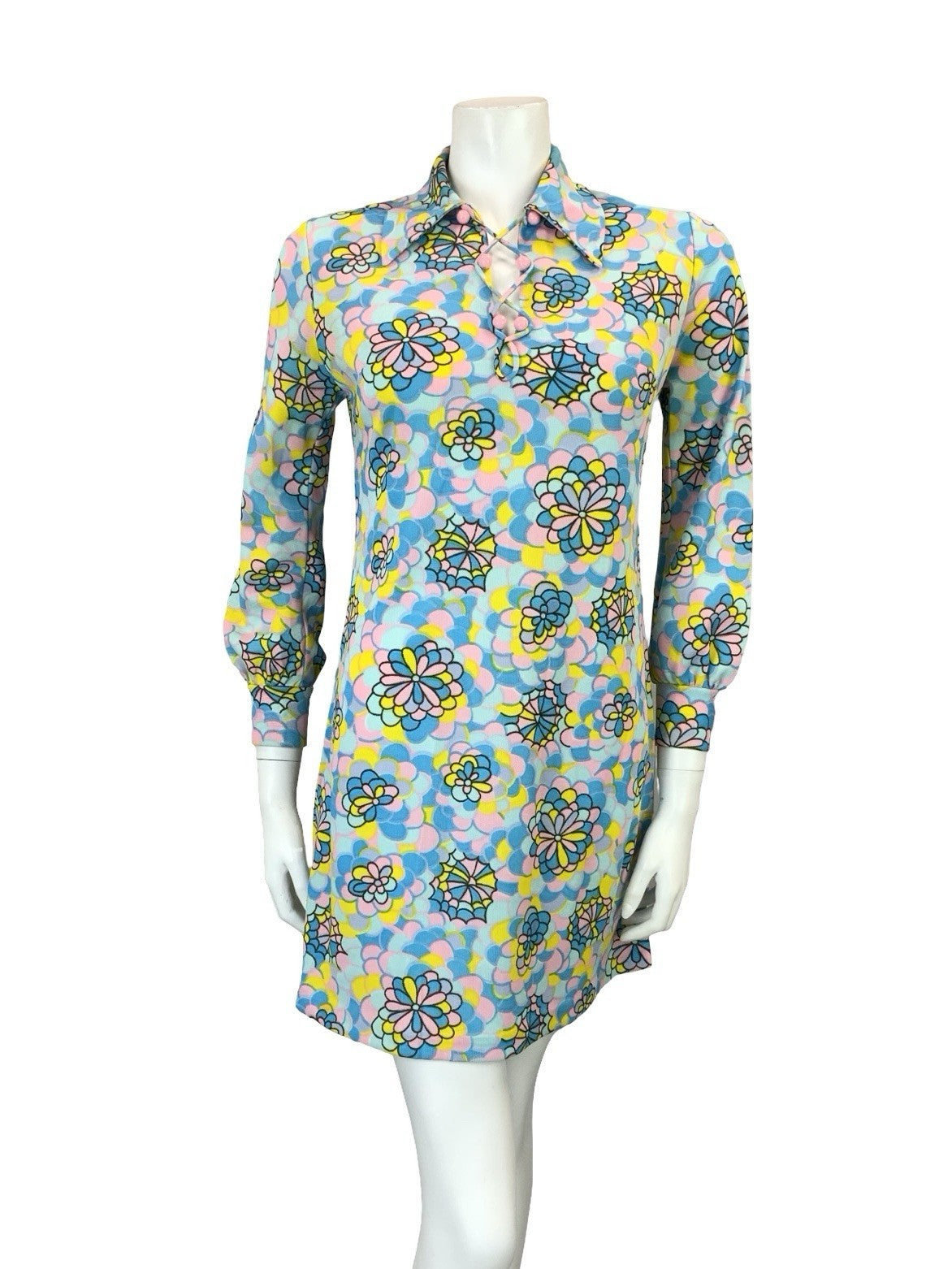 VTG 60S 70S BLUE PINK YELLOW PSYCHEDELIC FLORAL SCALES LACE UP SHIRT DRESS 10