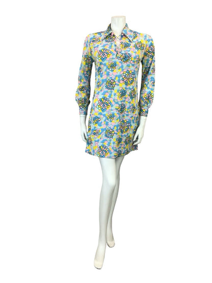 VTG 60S 70S BLUE PINK YELLOW PSYCHEDELIC FLORAL SCALES LACE UP SHIRT DRESS 10