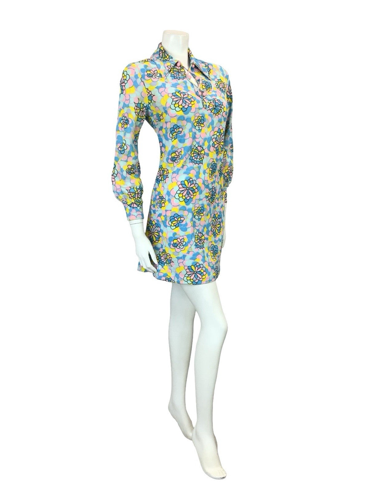 VTG 60S 70S BLUE PINK YELLOW PSYCHEDELIC FLORAL SCALES LACE UP SHIRT DRESS 10