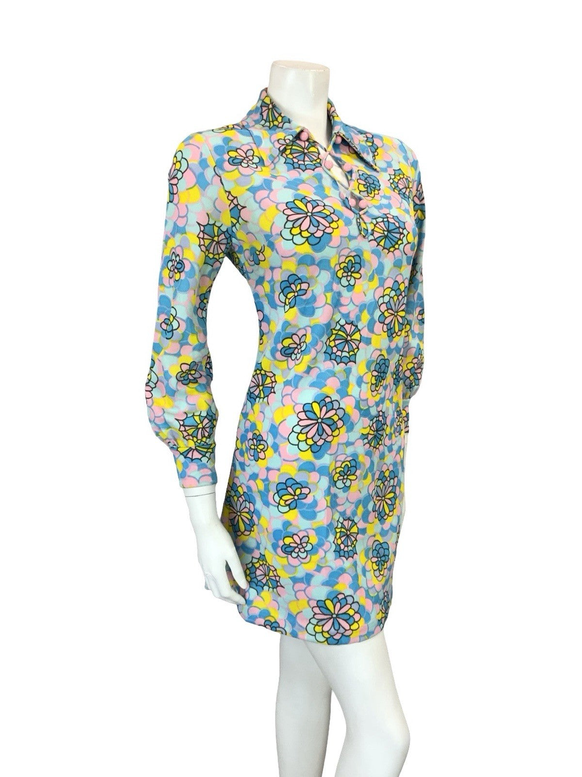 VTG 60S 70S BLUE PINK YELLOW PSYCHEDELIC FLORAL SCALES LACE UP SHIRT DRESS 10