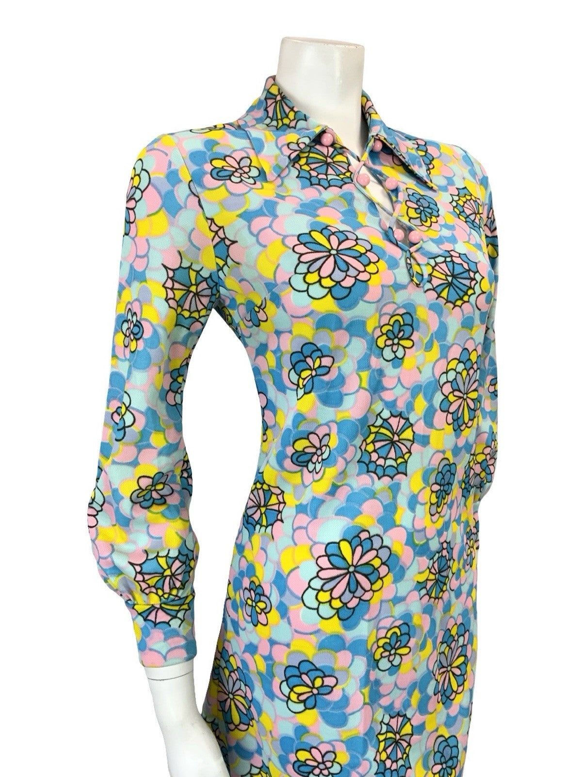 VTG 60S 70S BLUE PINK YELLOW PSYCHEDELIC FLORAL SCALES LACE UP SHIRT DRESS 10