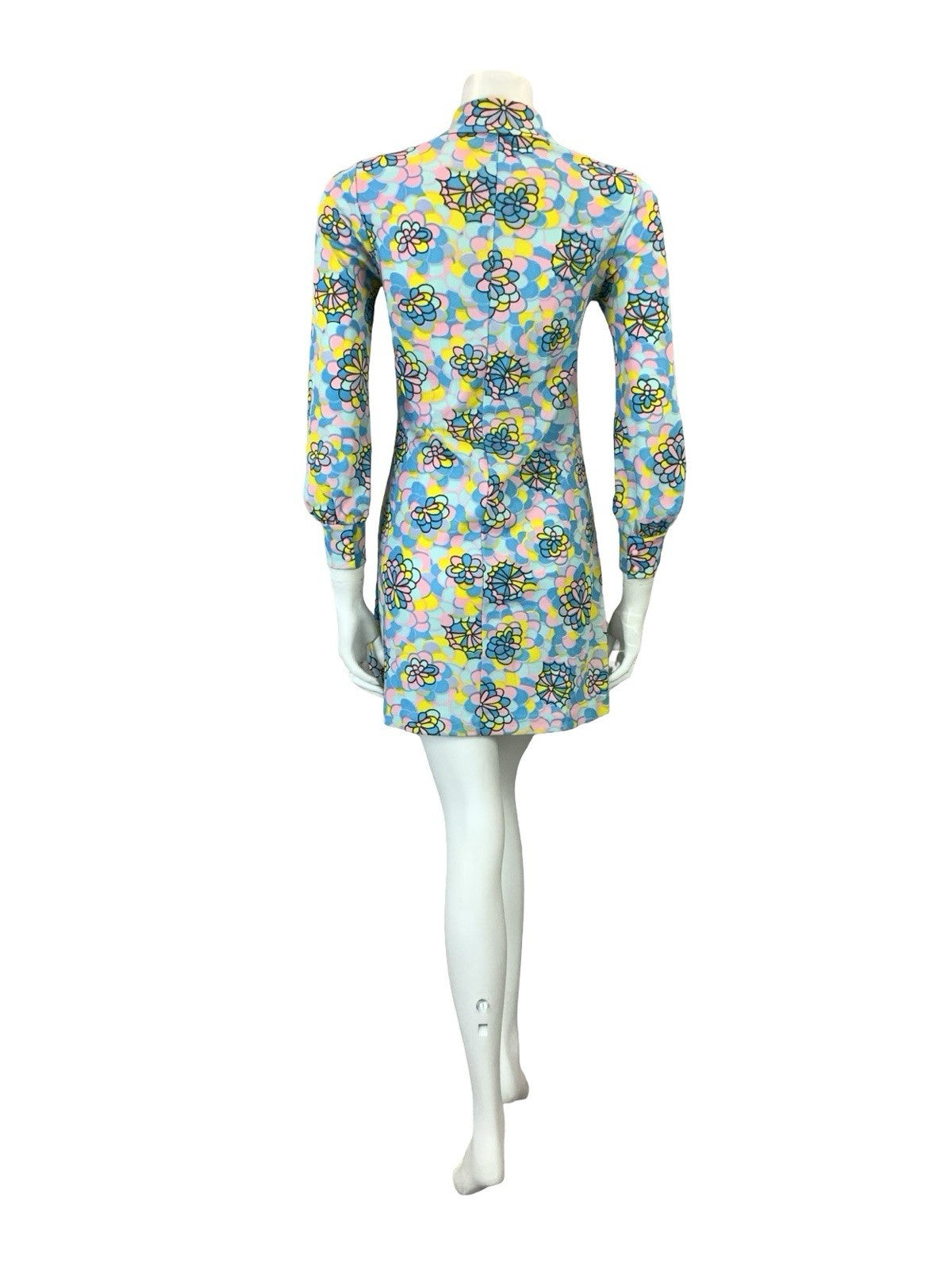 VTG 60S 70S BLUE PINK YELLOW PSYCHEDELIC FLORAL SCALES LACE UP SHIRT DRESS 10