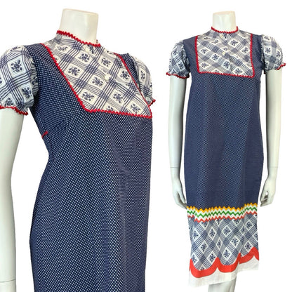 VTG 60S 70S BLUE RED WHITE RIC RAC COTTAGE EMPIRE BIB PUFF SLEEVE SMOCK DRESS 6