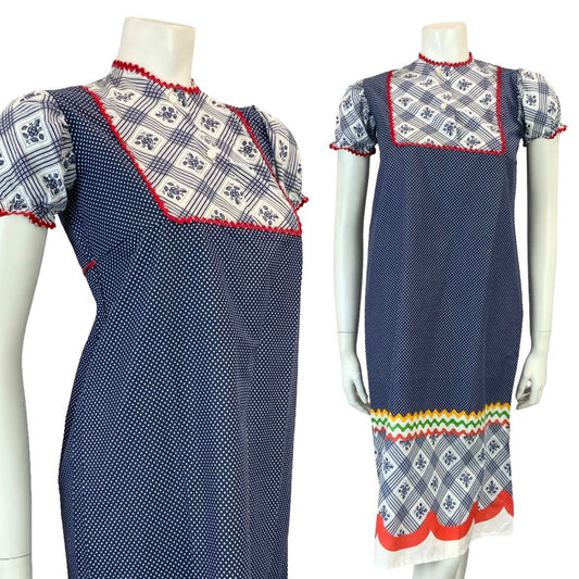 VTG 60S 70S BLUE RED WHITE RIC RAC COTTAGE EMPIRE BIB PUFF SLEEVE SMOCK DRESS 6