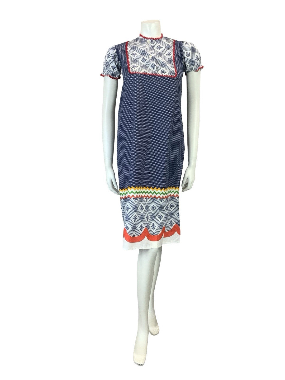 VTG 60S 70S BLUE RED WHITE RIC RAC COTTAGE EMPIRE BIB PUFF SLEEVE SMOCK DRESS 6