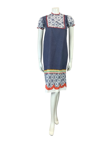 VTG 60S 70S BLUE RED WHITE RIC RAC COTTAGE EMPIRE BIB PUFF SLEEVE SMOCK DRESS 6