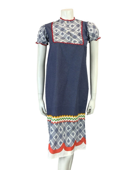 VTG 60S 70S BLUE RED WHITE RIC RAC COTTAGE EMPIRE BIB PUFF SLEEVE SMOCK DRESS 6
