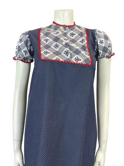 VTG 60S 70S BLUE RED WHITE RIC RAC COTTAGE EMPIRE BIB PUFF SLEEVE SMOCK DRESS 6
