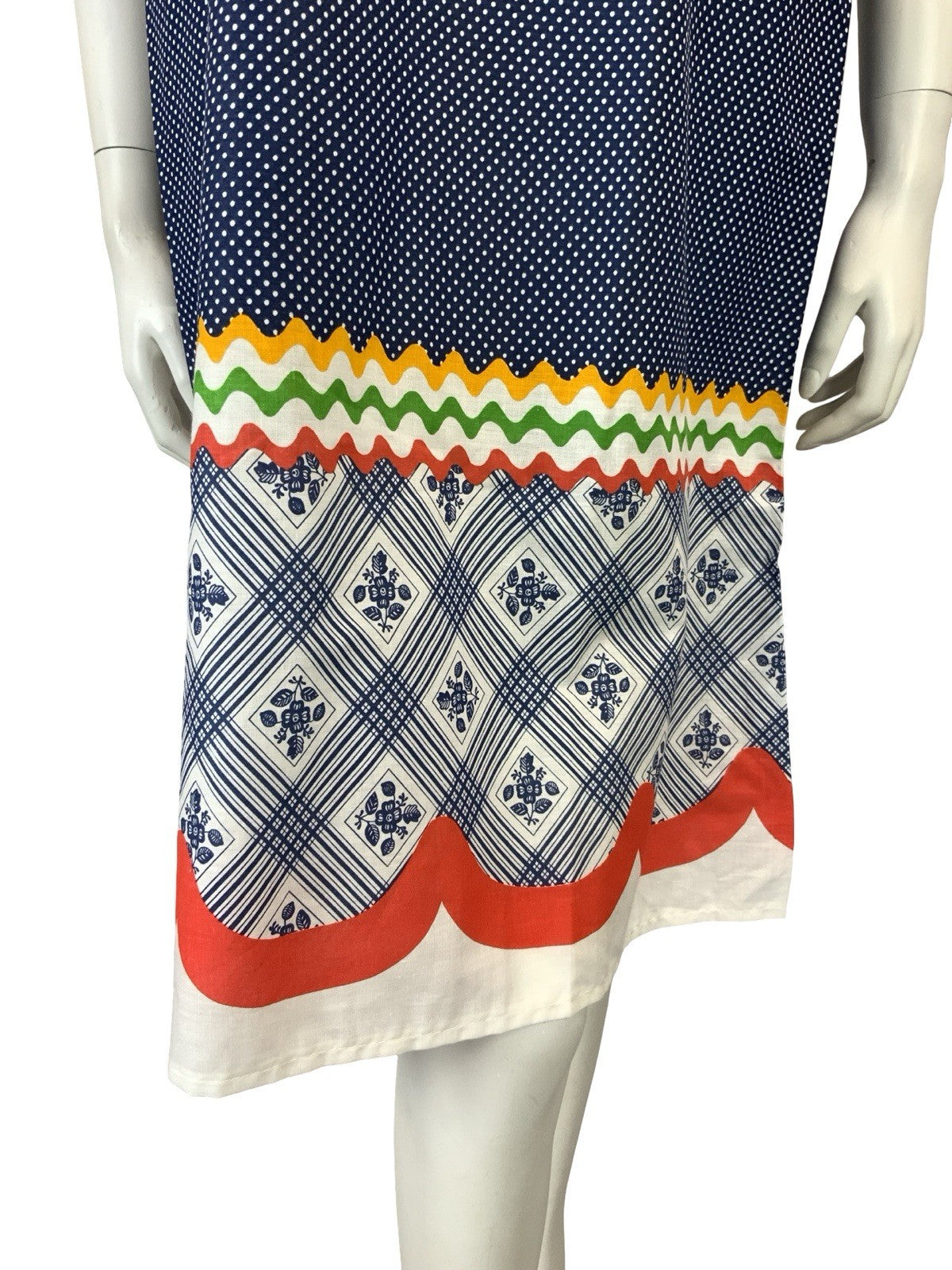 VTG 60S 70S BLUE RED WHITE RIC RAC COTTAGE EMPIRE BIB PUFF SLEEVE SMOCK DRESS 6