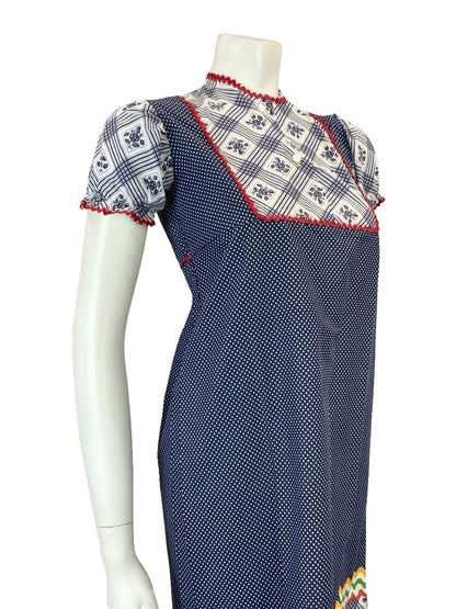 VTG 60S 70S BLUE RED WHITE RIC RAC COTTAGE EMPIRE BIB PUFF SLEEVE SMOCK DRESS 6