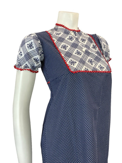 VTG 60S 70S BLUE RED WHITE RIC RAC COTTAGE EMPIRE BIB PUFF SLEEVE SMOCK DRESS 6