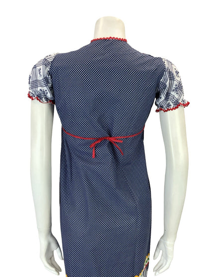 VTG 60S 70S BLUE RED WHITE RIC RAC COTTAGE EMPIRE BIB PUFF SLEEVE SMOCK DRESS 6