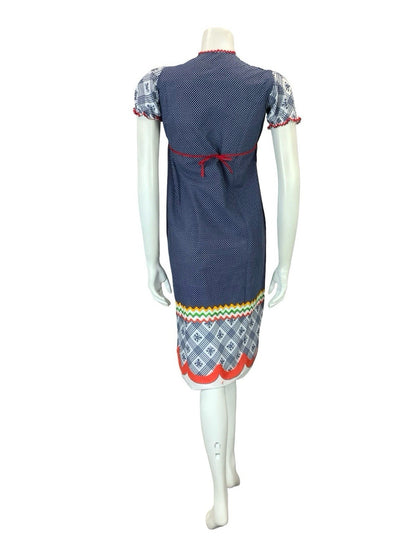 VTG 60S 70S BLUE RED WHITE RIC RAC COTTAGE EMPIRE BIB PUFF SLEEVE SMOCK DRESS 6