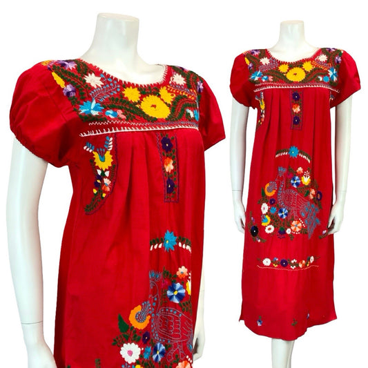 VTG 60S 70S RED BLUE GREEN YELLOW MEXICAN FOLK FLORAL EMBROIDERY DRESS 10