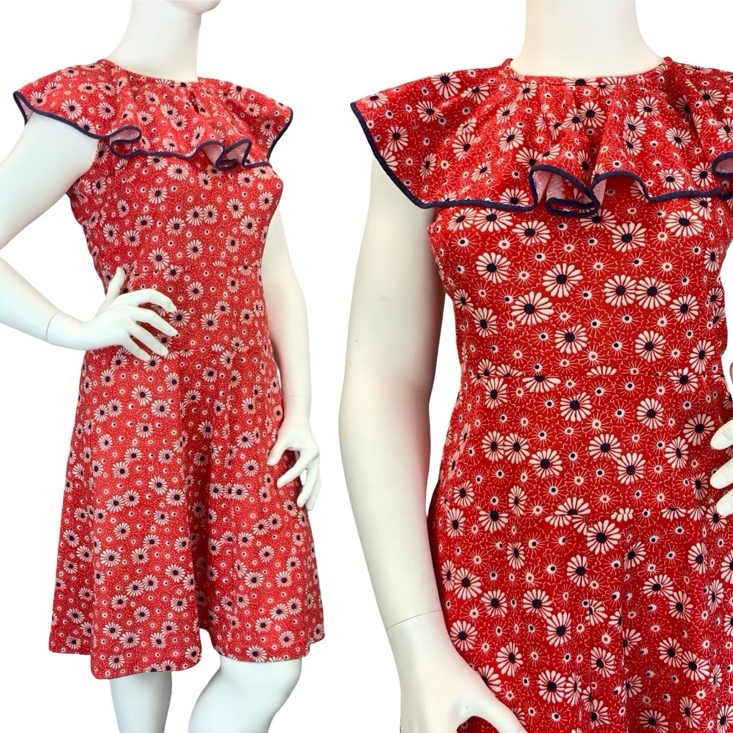 VTG 60S 70S MOD RED WHITE BLUE FLORAL RUFFLE NECK A LINE DRESS 14 16