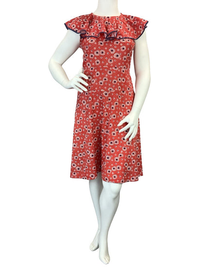 VTG 60S 70S MOD RED WHITE BLUE FLORAL RUFFLE NECK A LINE DRESS 14 16