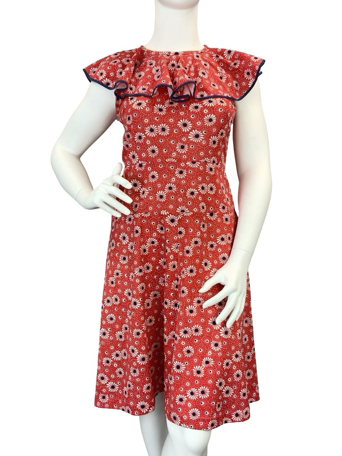 VTG 60S 70S MOD RED WHITE BLUE FLORAL RUFFLE NECK A LINE DRESS 14 16