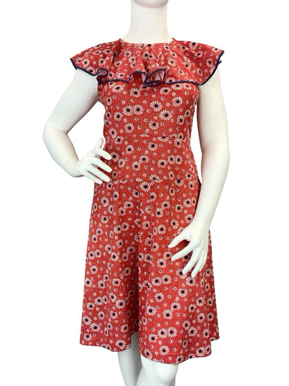 VTG 60S 70S MOD RED WHITE BLUE FLORAL RUFFLE NECK A LINE DRESS 14 16