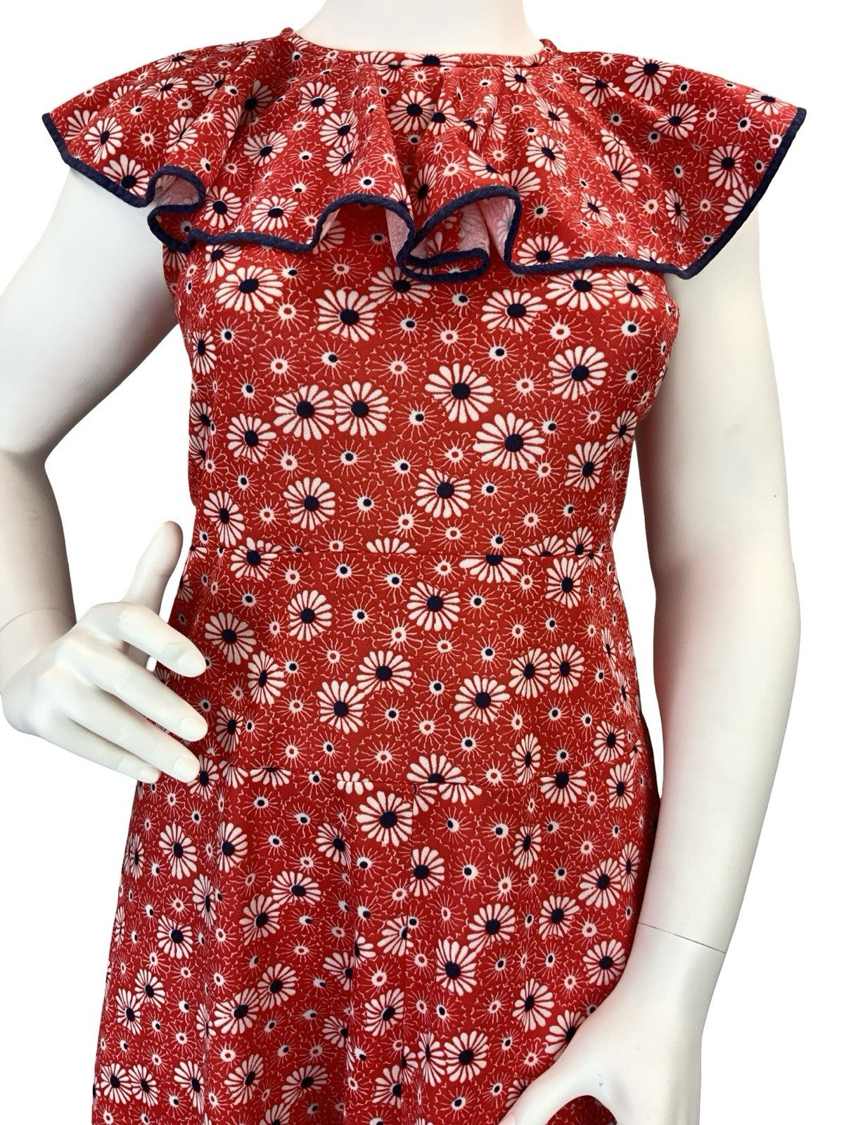 VTG 60S 70S MOD RED WHITE BLUE FLORAL RUFFLE NECK A LINE DRESS 14 16